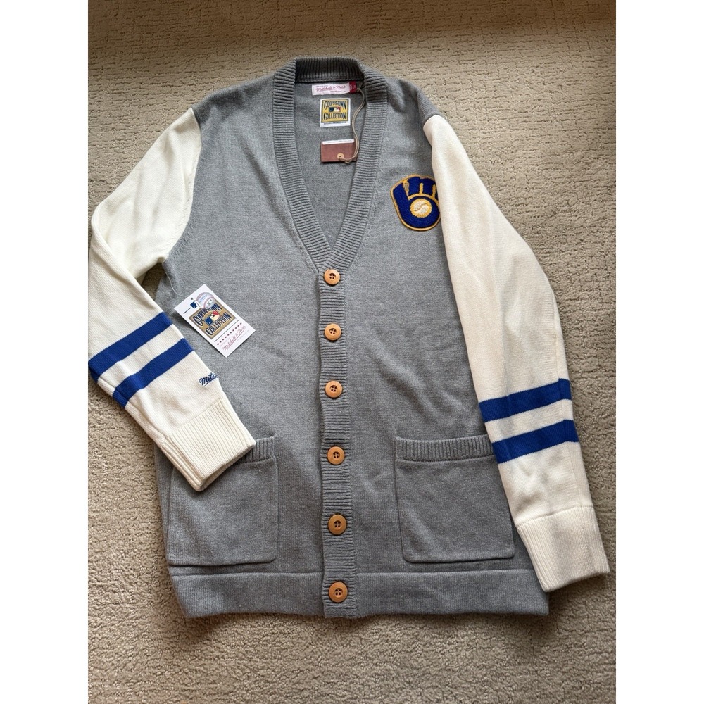 NWT Mitchell & Ness MLB Milwaukee Brewers Blue Cardigan Varsity Sweater Size M